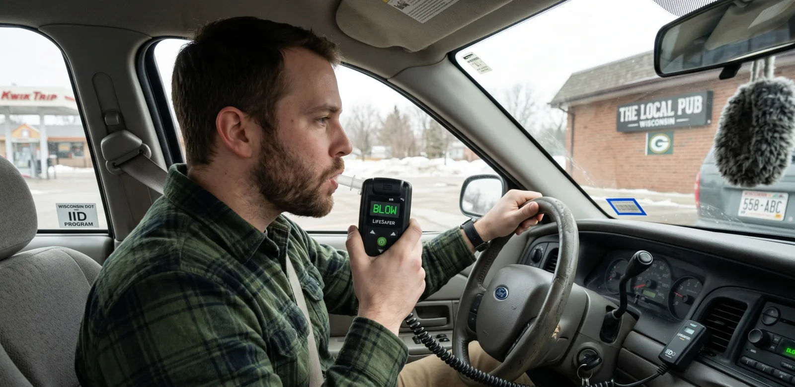 Racine County driver blowing into an ignition interlock device (IID) inside a pickup truck outside a Wisconsin tavern, illustrating 2025 Act 210 IID compliance requirements for OWI defendants in Racine, Kenosha, and Walworth counties