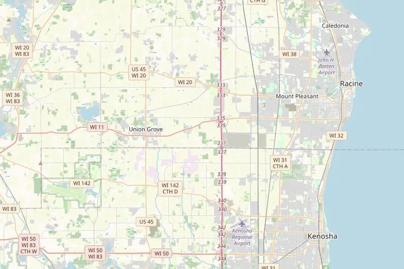 Map of Kenosha County, Wisconsin showing major highways and municipalities