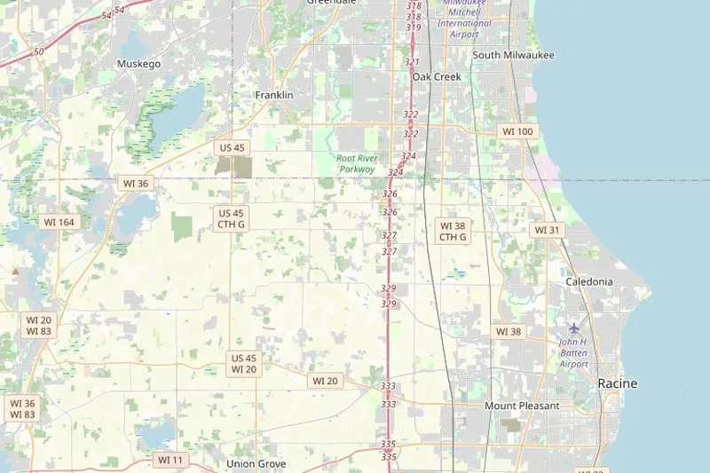 Map of Racine County, Wisconsin showing major highways and municipalities