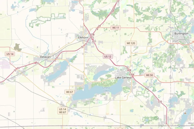 Map of Walworth County, Wisconsin showing major highways and municipalities